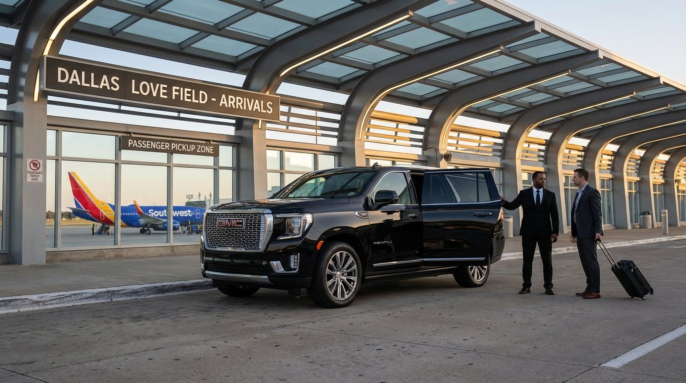 Professional chauffeur greeting client at Dallas Love Field Airport with luxury black SUV